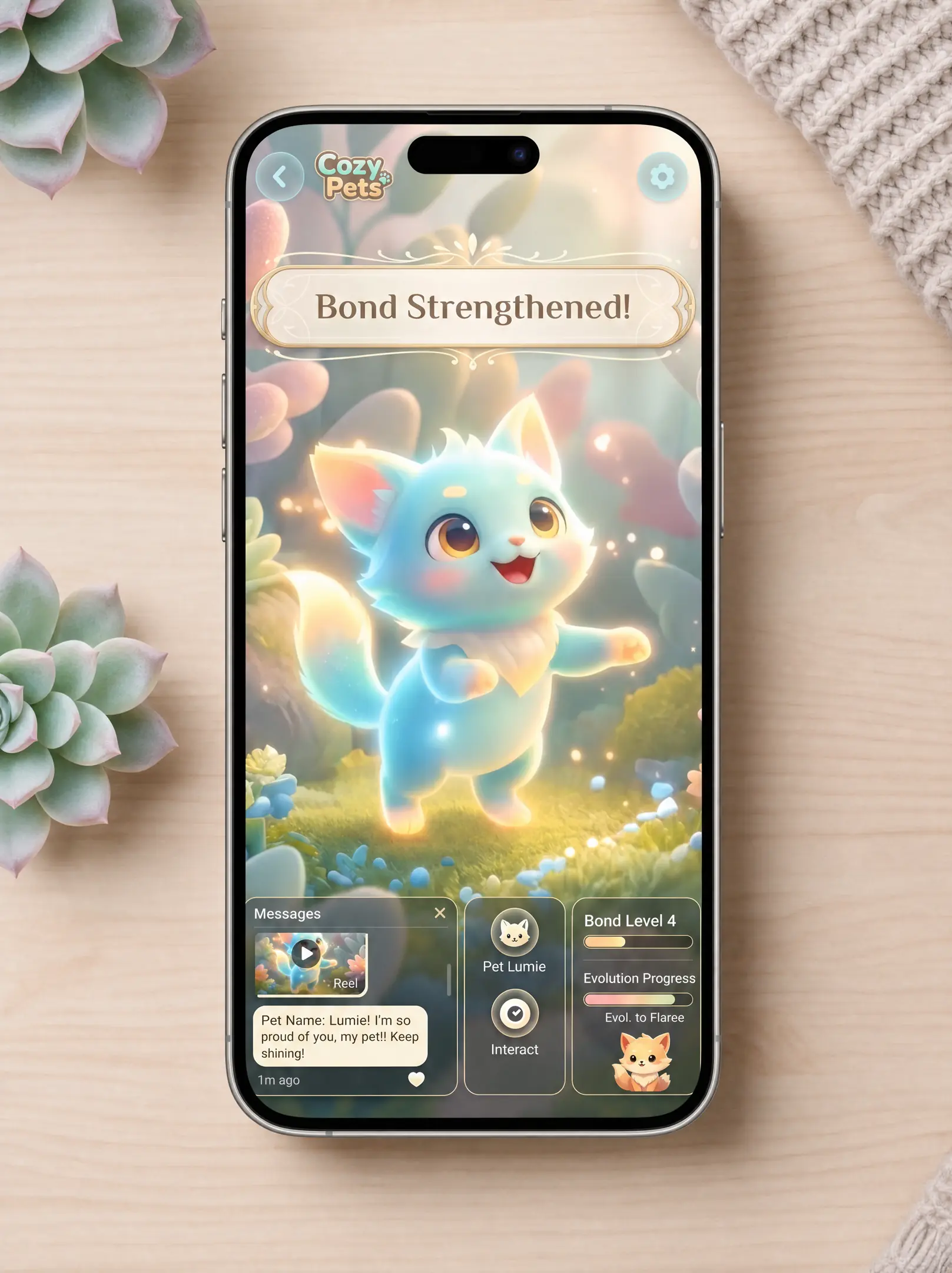 A glowing blue pet celebrating a strengthened bond level